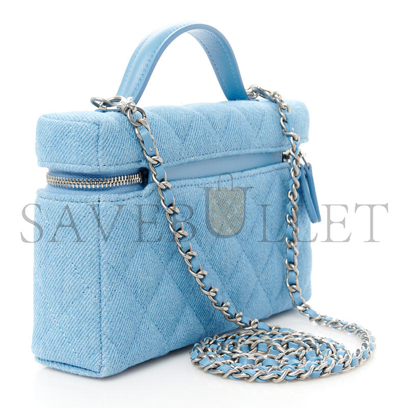 CHANEL DENIM QUILTED TOP HANDLE SLIM VANITY CASE WITH CHAIN BLUE AP4385 (19.5*17*5cm)